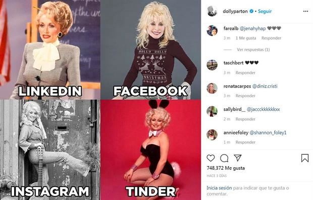 Captura de pantalla que muestra la publicación hecha desde la cuenta oficial en Instagram de la cantante estadounidense Dolly Parton, en la que muestra un mosaico de fotos para diferentes redes sociales. Internet se está volviendo loco con el meme que ha revolucionado las redes. Y la causante es la cantante estadounidense Dolly Parton, quien publicó un combo de sus poses en situaciones de LinkedIn, Facebook, Instagram y Tinder. 
