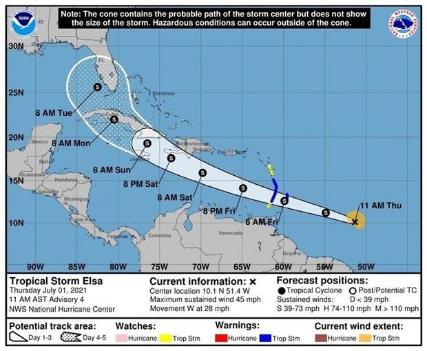Imagen cedida por la Oficina Nacional de Administración Oceánica y Atmosférica (NOAA) en la que se graficó la posible trayectoria de cinco días de la tormenta tropical Elsa en el Atlántico y el Caribe.