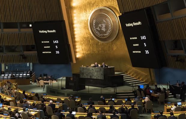 Vista, de este 12 de octubre de 2022, de la votación en la Asamblea General de la ONU de una resolución que condena la anexión rusa de cuatro territorios ucranianos.