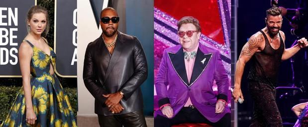 Combo de fotografías de archivo que muestra, desde la izquierda, a los músicos Taylor Swift, Kanye West, Elton John y Ricky Martin.
