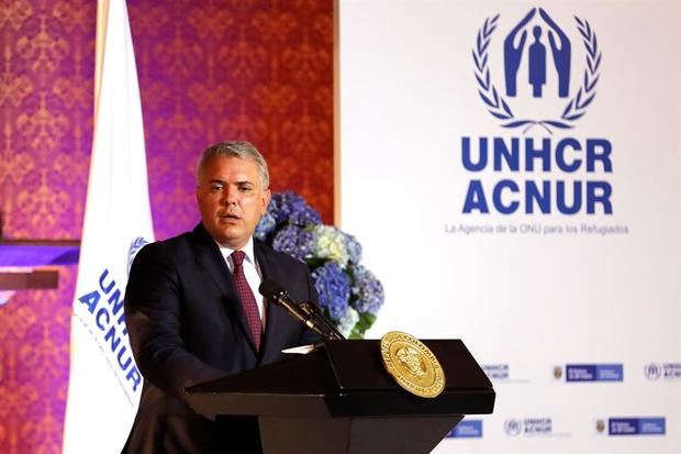 El presidente de Colombia, Iván Duque, habla hoy, lunes junto al Alto Comisionado de las Naciones Unidas para los Refugiados, Filippo Grandi, en Bogotá.
