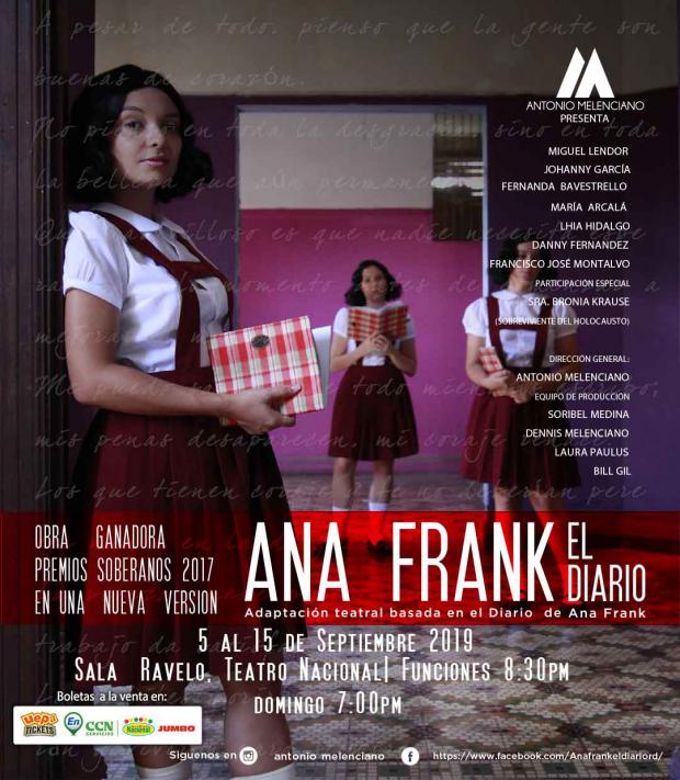 El mundialmente famoso Diario de Ana Frank es llevado a la escena en una nueva adaptación para el teatro, de los productores de la puesta en escena ganadora de los “Premios Soberano” a la mejor obra del año y mejor actor 2016