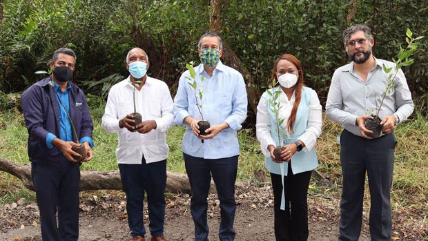 Autoridades, durante el acto de plantación de manglar.