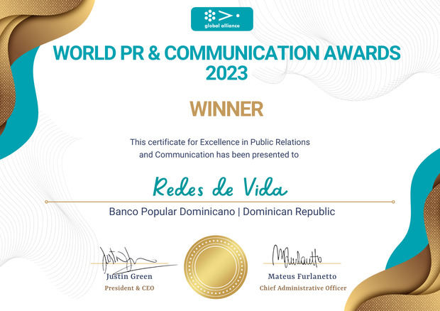 Certificado de la premiación recibida por el Banco Popular Dominicano.