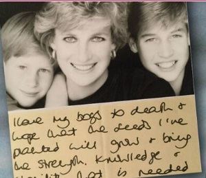 Diana con sus hijos y fragmento de la carta.