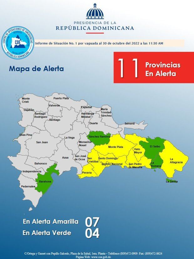 El COE coloca 7 provincias en alerta amarilla y 4 en verde