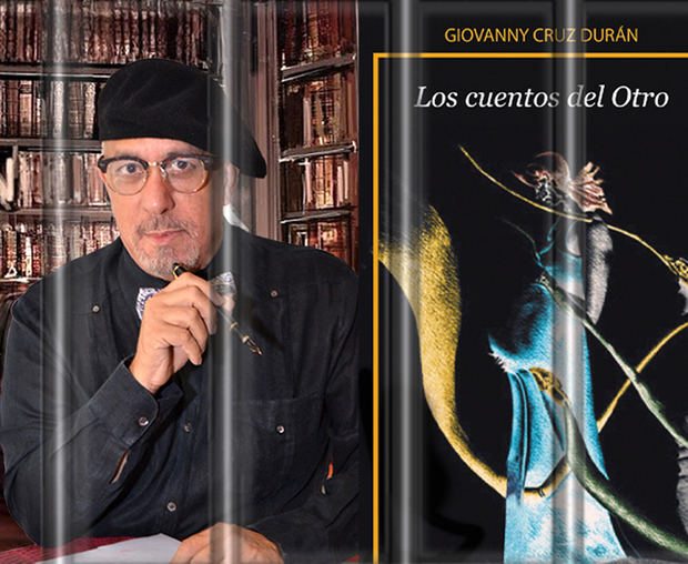 Giovanny Cruz, aparece al lado de la portada de su libro de LOS CUENTOS DEL OTRO.