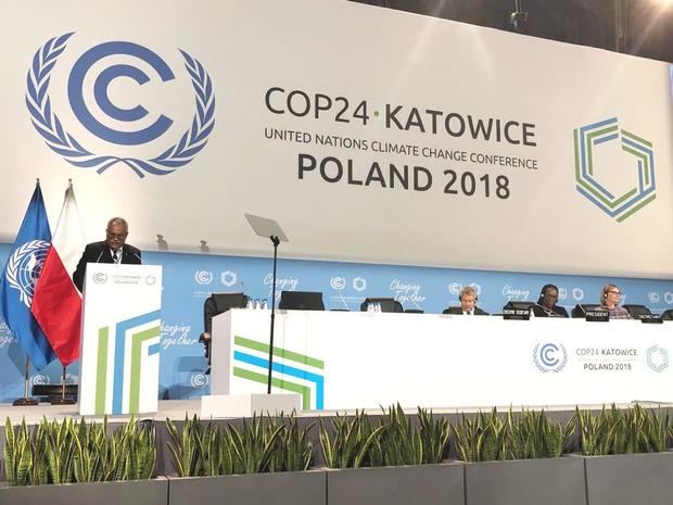 Ernesto Reyna se dirige a la concurrencia durante la COP24.