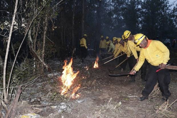 Brigadistas tratando de sofocar el fuego.