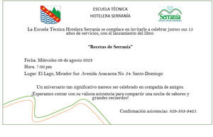 Invitación aniversario y publicación de libro Recetas de Serranía.