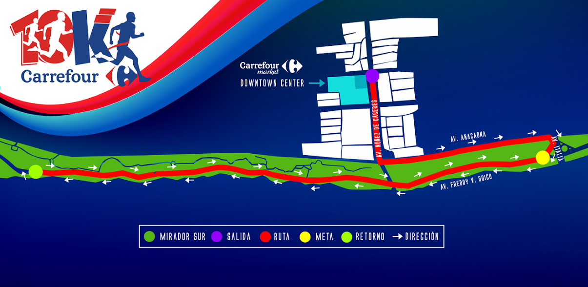 Mapa del recorrido: Carrera de Carrefour 10K, salida de la parte frontal de la Plaza Downtown, Rómulo Betancourt, inicia a las 7:00 AM, domingo 5 de febrero y en la meta premiación de los overall femenino y masculino a la 9:00AM, kilómetro 0, de la avenida de la Salud del Mirador Sur. 