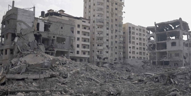 Edificios destruidos en Abu Al-Kass, Gaza.