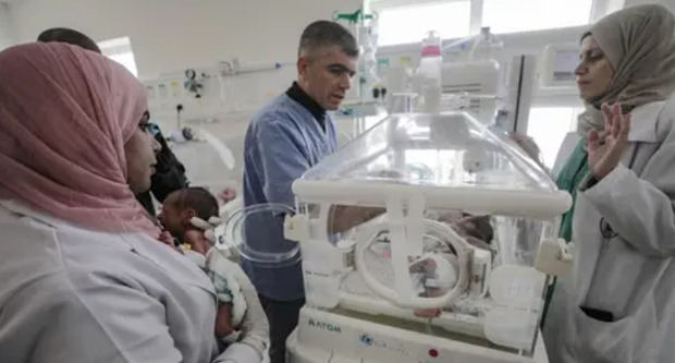 Personal sanitario prepara a bebés prematuros para su traslado a Egipto tras ser evacuados del hospital Al-Shifa de Gaza.