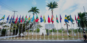Banderas de diferentes países del caribe durante la cuadragésima sexta conferencia de jefes de Estado y de Gobierno de la organización regional caribeña, en Georgetown (Estados Unidos).
