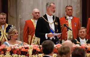 El rey de España, Felipe VI (c), ofrece un discurso junto a los reyes de Países Bajos, Guillermo Alejandro (d) y Máxima (i), durante la cena de gala con motivo de su visita de Estado al país.