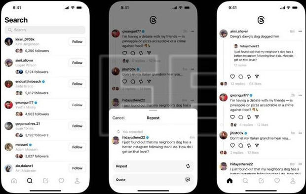 Composición de tres fotografías divulgadas por Meta donde se muestran tres pantallas de cómo buscar una persona, un tema o una publicación desde la cuenta de una persona en Threads, la nueva red social de microblogging de Meta.