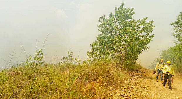 Bomberos forestales trabajan para controlar incendio en área recreativa Loma Guaigüí.