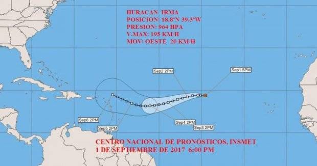 Mapa con la posible trayectoria del huracán Irma.