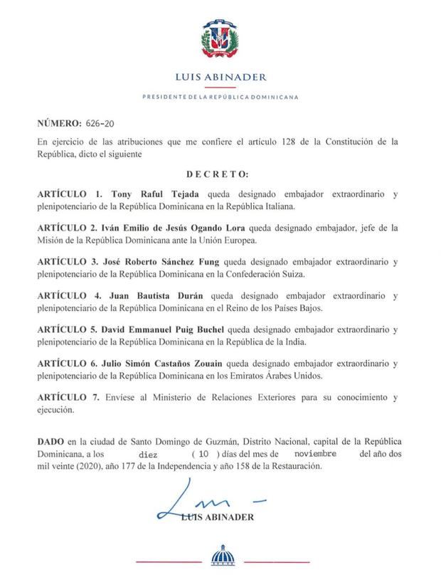 FacebookTwitterCorreoPinterest
El presidente Luis Abinader designó mediante el decreto 626-20.