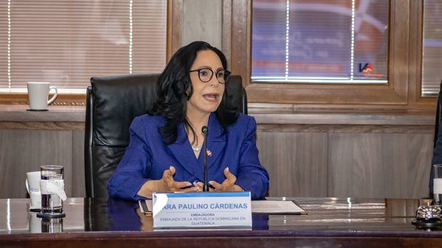 La embajadora Sara Paulino Cárdenas habla en rueda de prensa.