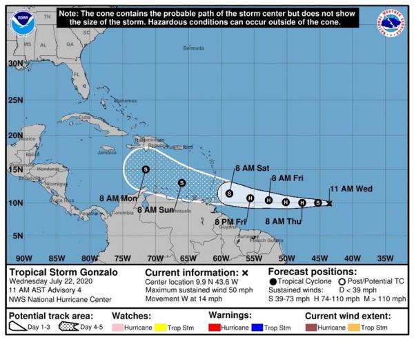 Fotografía cedida este miércoles por el Centro Nacional de Huracanes (NHC) de Estados Unidos donde se muestra el pronóstico de cinco días del paso de la tormenta tropical Gonzalo por el atlántico. La depresión tropical Siete, formada ayer sobre el Atlántico Central, se convirtió este miércoles en la tormenta tropical Gonzalo, cuya futura intensidad es incierta, informó el Centro Nacional de Huracanes. 