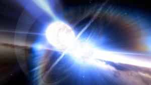 La interpretación artística muestra una kilonova producida por la colisión de estrellas de neutrones.