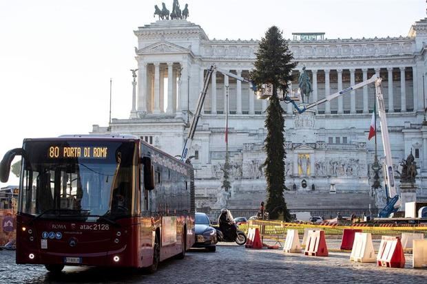 Trabajos de colocación de un arbol de Navidad en la Piazza Venezia de Roma.