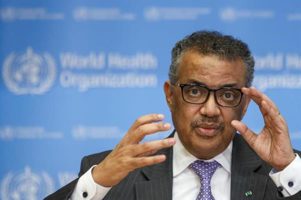 Imagen del director general de la Organización Mundial de la Salud (OMS), Tedros Adhanom Ghebreyesus, habla durante una rueda de prensa en Ginebra (Suiza). 