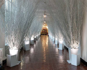 Un pasillo del ala este de la Casa Blanca decorado con ramas secas pintadas de blanco brillante.