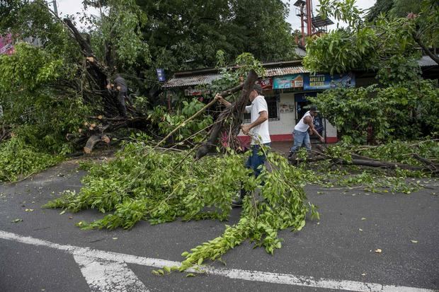 Personas retiran hoy unos arboles caídos tras el paso de la tormenta tropical Julia, en la ciudad de Bluefields, Nicaragua.