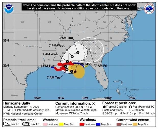 Fotografía cedida por el Centro Nacional de Huracanes (NHC) estadounidense donde se muestra el pronóstico de cinco días de la trayectoria del huracán Sally tras su entrada a territorio nacional.