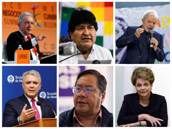 Combo de fotografías en las que se muestran (i-d) a los ex presidentes, Álvaro Uribe de Colombia, Evo Morales de Bolivia y Luiz Inácio Lula da Silva, en la parte superior de la imagen y (i-d) al presidente de Colombia, Iván Duque, el confirmado vencedor de las elecciones en Bolivia, Luis Arce, y la ex presidenta brasileña Dilma Rousseff, en la parte inferior. 