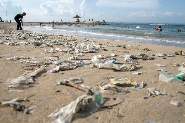 En la imagen de archivo, un voluntario retira la basura que se acumula en la orilla de la playa Sanur en Bali (Indonesia).