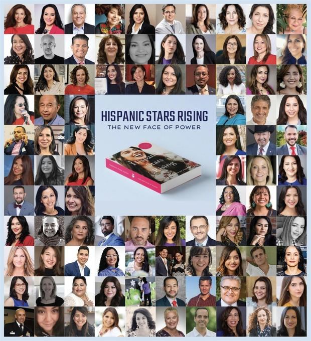 Imagen cedida hoy por la fundación We Are All Human (WAAH) donde se aprecia la portada del libro 'Hispanic Stars Rising' rodeada por fotos de famosos hispanos en Estados Unidos'.