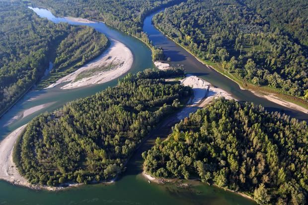 Vista desde el cielo de la zona fluvial Mura-Drava-Danubio, reconocida el día 15 de septiembre por la Unesco como reserva de la biosfera.