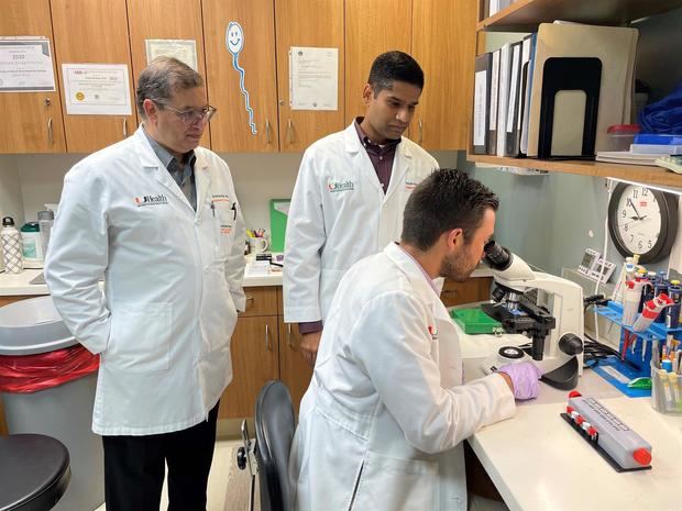 Fotografía cedida este jueves por la Facultad de Medicina Miller de la Universidad de Miami (UM) donde aparecen los doctores Emad Ibrahim (i), profesor asistente de Urología y cirugía neurológica; Ranjith Ramasamy (c), profesor y director del Programa de Urología Reproductiva, y el estudiante Daniel González, durante un estudio elaborado sobre la infertilidad masculina, en Miami, Estados Unidos.