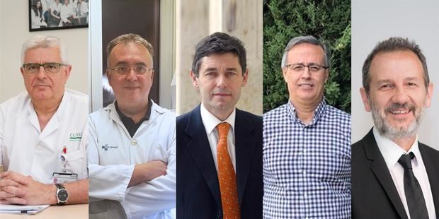 n la imagen (de izquierda a derecha) los investigadores Antoni Torres, Jesús Bermejo, Jose María Eiros, Salvador Resino y Ferrán Barbé, integrantes del equipo que ha desarrollado la investigación. Imagen cedida por el Instituto de Salud Carlos III del Ministerio de Ciencia e Innovación.
