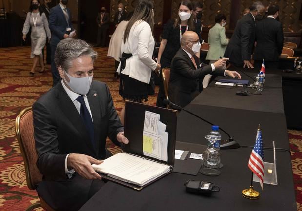 Antony Blinken mientras participa en la reunión del Sistema de la Integración Centroamericana (SICA) en San José, Costa Rica.