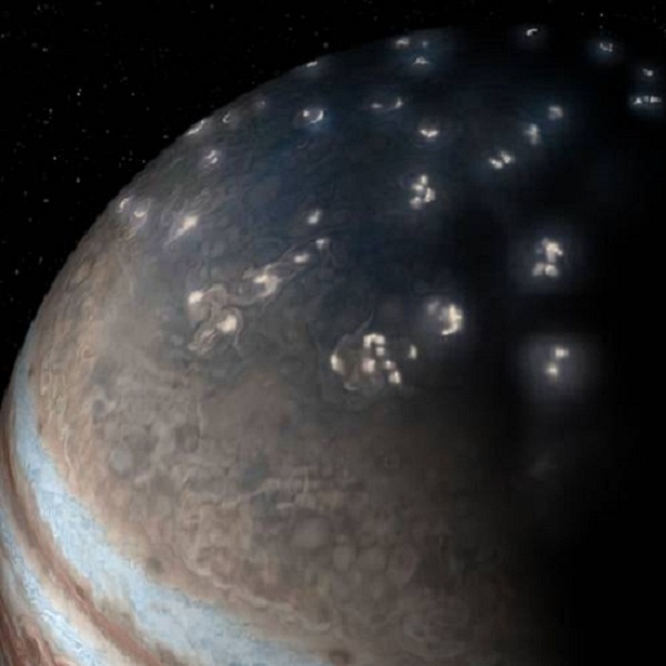 Ilustración de los relámpagos en el polo norte de Júpiter. 