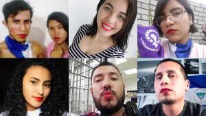 Mujeres y hombres se pintan de rojo los labios para protestar en Nicaragua