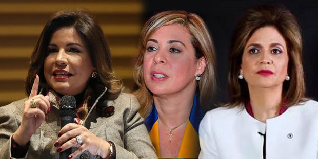 Margarita Cedeño, la actual vicepresidenta por el PLD, Sergia Elena de Séliman, dirigente del Partido Reformista Social Cristiano, PRSC, que apoya a la Fuerza del Pueblo y Raquel Peña por el Partido Revolucionario Moderno, PRM.