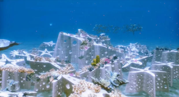 Fotografía cedida por The ReefLine de una captura de video de la instalación ‘Miami Reef Star’, una escultura del artista multidisciplinar Carlos Betancourt, instalada debajo del agua en la playa de Miami Beach, Florida (Estados Unidos).