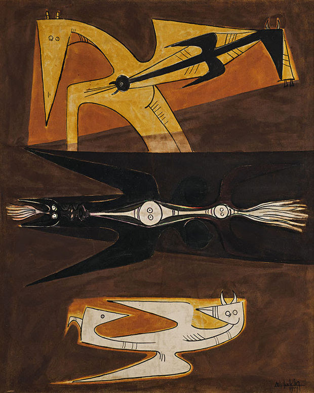 Wifredo Lam. La Fugue (La Terreur, La Peur dans la nuit), 1949
Óleo sobre tela, 60 3/4 x 49 1/4 in. 154.3 x 125.1 cm.
