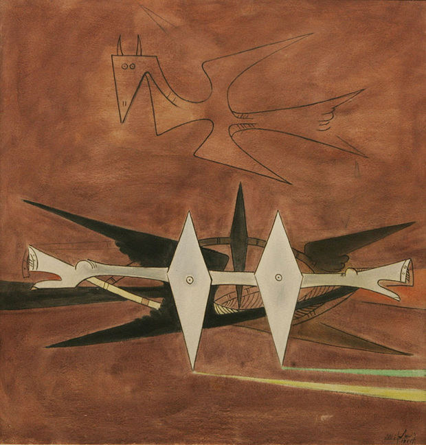 Wifredo Lam. Here on Earth [Tei sur la terre], 1955. Óleo sobre tela, 41 1/2 x 39 1/4 In. 105.4 x 99.7 cm.