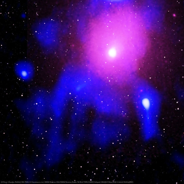 Evidencia de la mayor explosión vista en el universo. (© Rayos X: Chandra: NASA/CXC/NRL/S. Giacintucci, et al., XMM-Newton: ESA/XMM-Newton; Radio: NCRA/TIFR/GMRT; Infrarrojo: 2MASS/UMass/IPAC-Caltech/NASA/NSF)