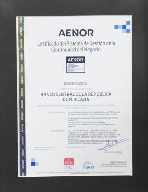 Banco Central recibe la certificación ISO 22301:2029 por la Asociación Española de Normalización y Certificación