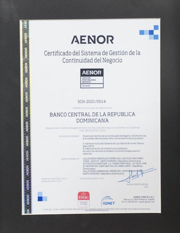 Banco Central recibe la certificación ISO 22301:2029 por la Asociación Española de Normalización y Certificación